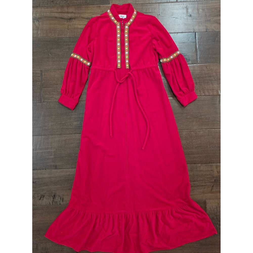 Vtg Rare Boho M Cottagecore Red fleece robe floral 70s ruffle hem loungeware